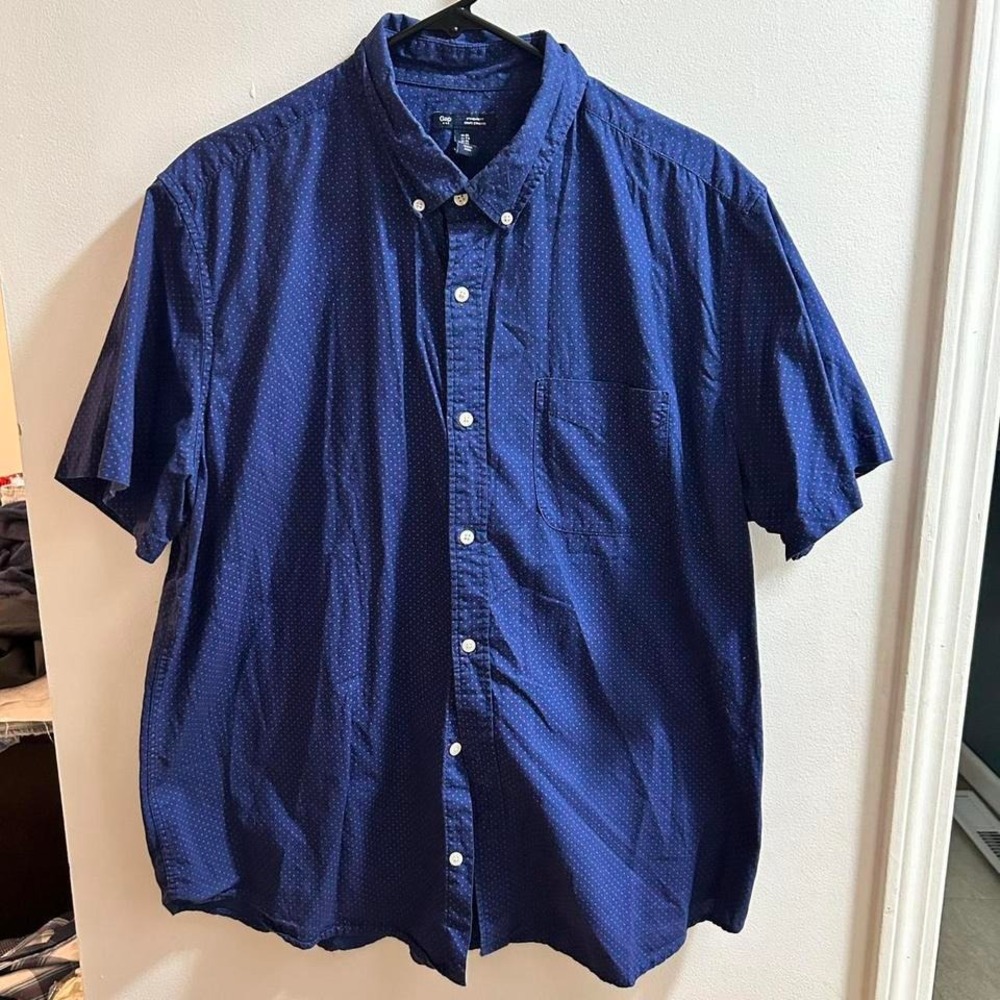 GAP‎ Mens Navy Blue Small Dot Standard Fit Short Sleeve Button Up Shirt XL
